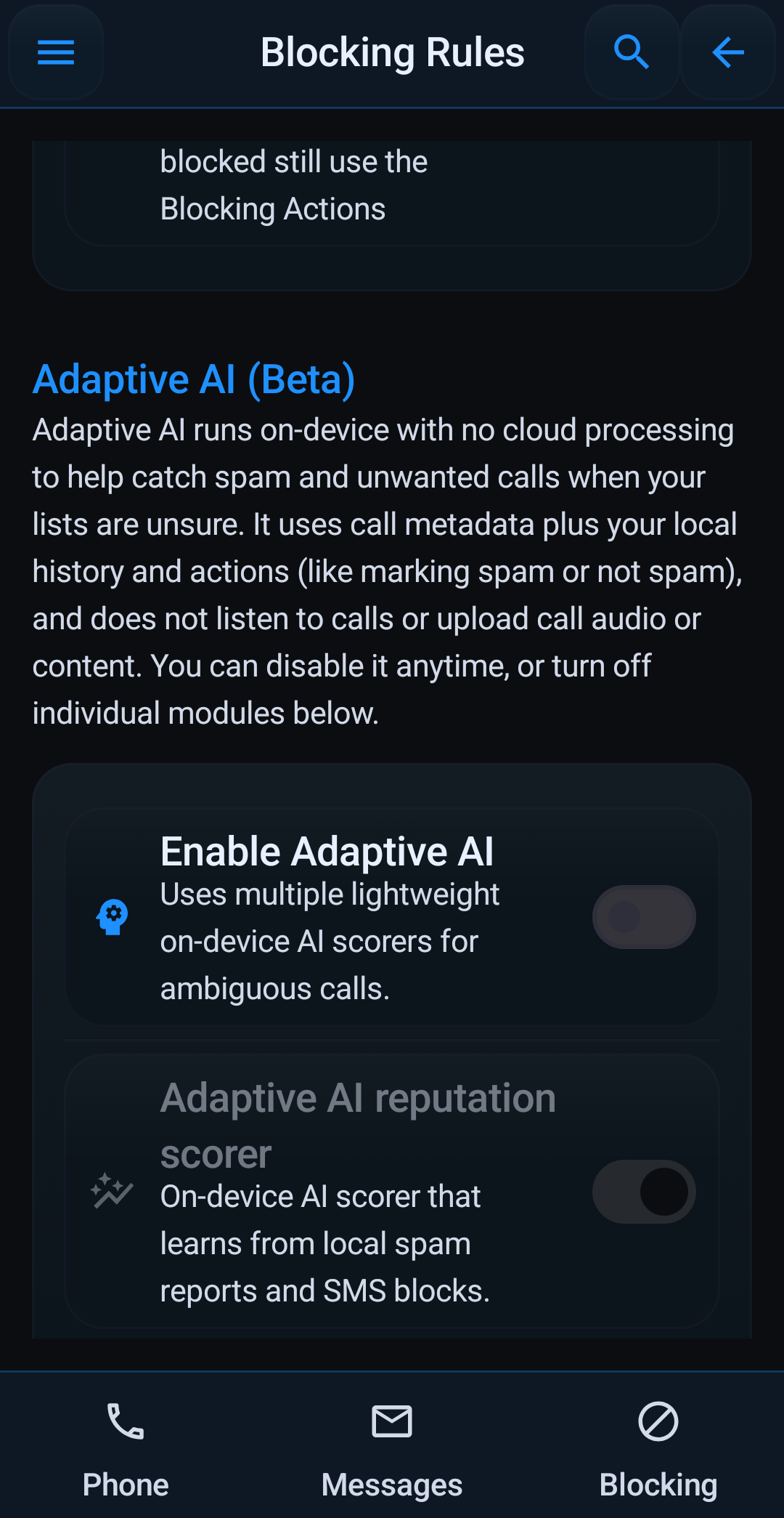 Block Guard Android settings for AI risk scoring, blocklists, unknown callers, and trusted contacts